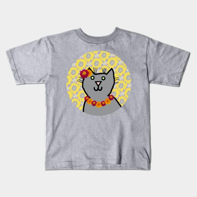 Marigold Floral Cat Portrait Kids T-Shirt by ellenhenryart